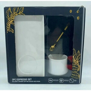 3pc Espresso Coffee Set White & Gold Ceramic Cup Saucer & Spoon By Cook Prep Eat